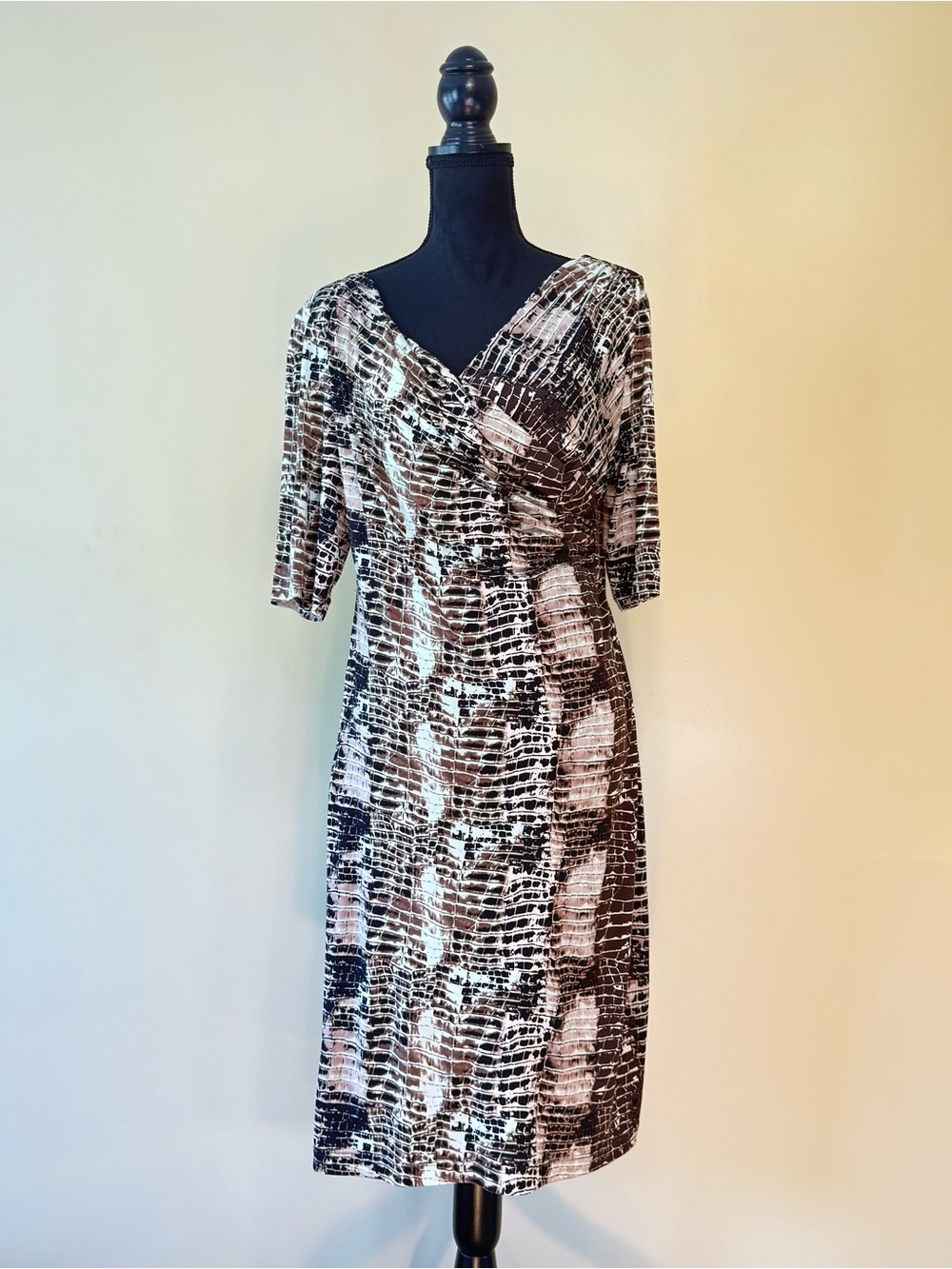 Connected Apparel Faux Wrap Dress Animal Abstract Brown Tan Size 14